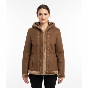 90s Y2K Esprit Brown Faux Suede Sherpa Lined Embroidered Hooded “Penny Lane”Coat